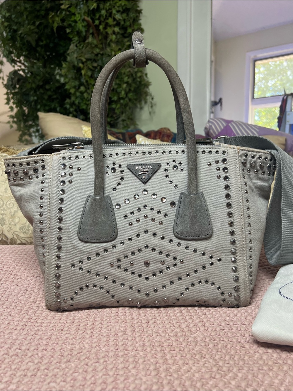 Prada Canapa Studded Crystal Denim Tote Bag Grey Nube B2692H
